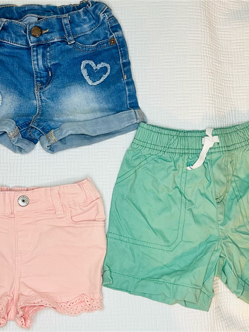 Girls Denim Heart Shorts, Mint Drawstring Shorts & Pink Lace Trim Shorts - Set 3